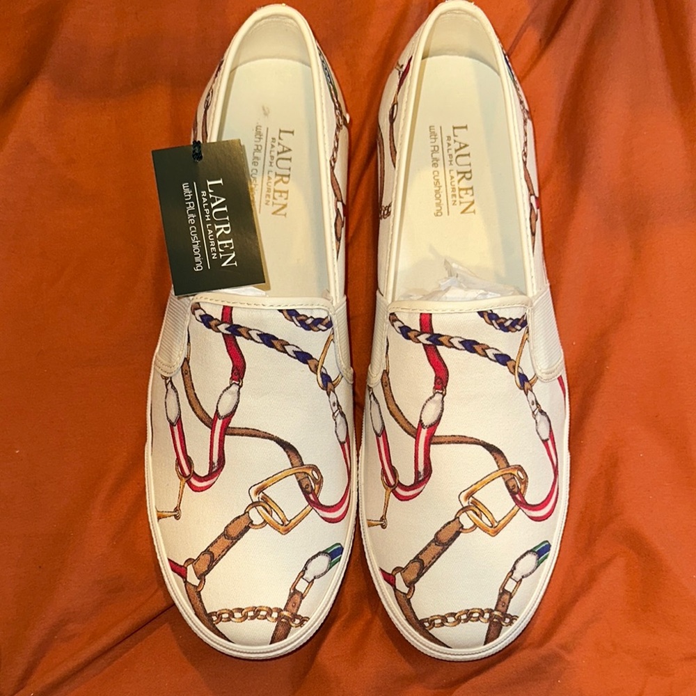 Ralph Lauren Women's Sneakers - White with Red and Brown Accents